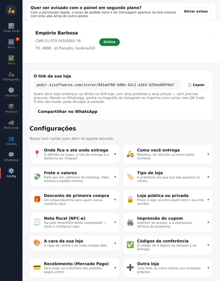 Config: 13 assuntos, um cartão cada