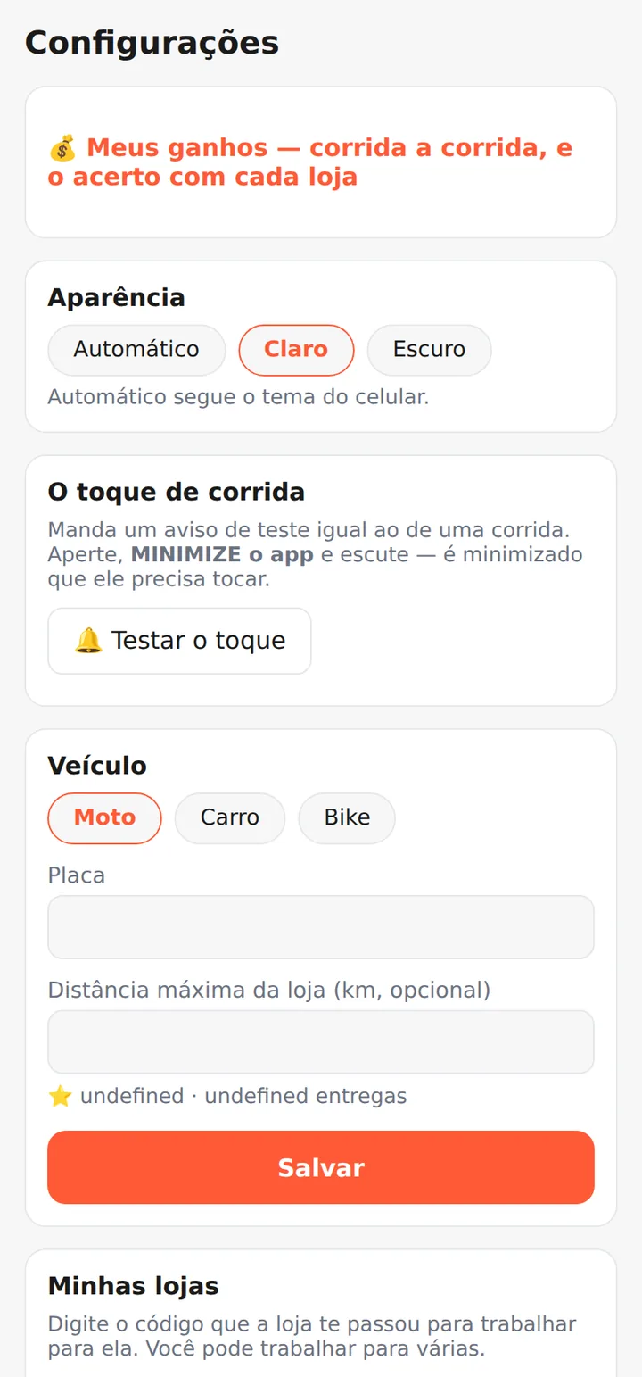 Ajustes do aplicativo